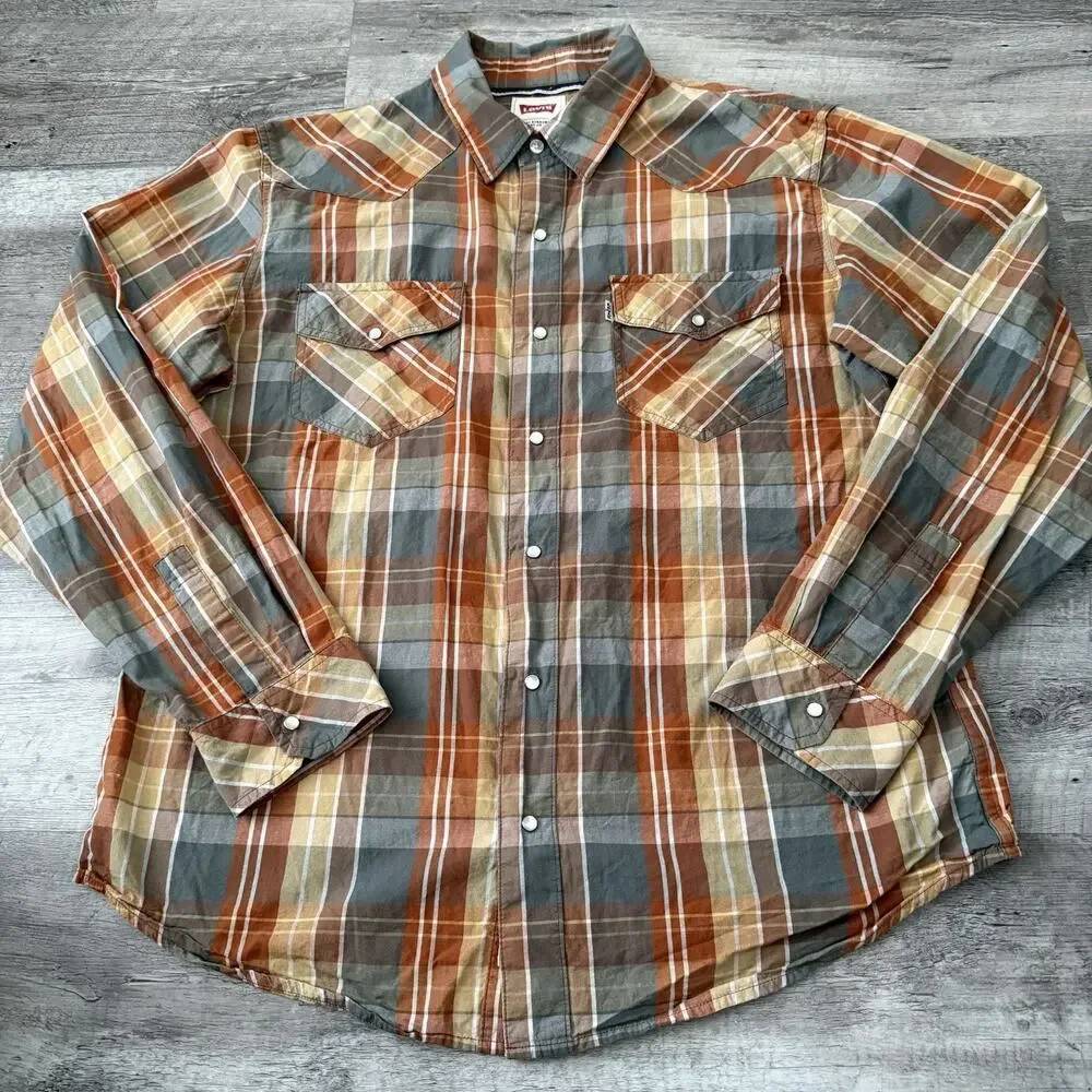 Levi’s Pearl Snap Shirt Mens Large Plaid Long Sleeve Western USA Modern Fit